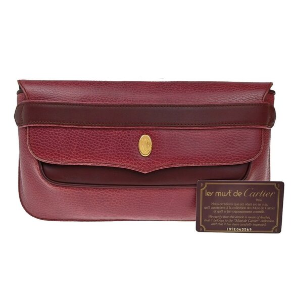 MUST DE CARTIER 2C Logo Clutch Hand Bag Leather Red GHW Spain 60KB362 - Picture 1 of 16